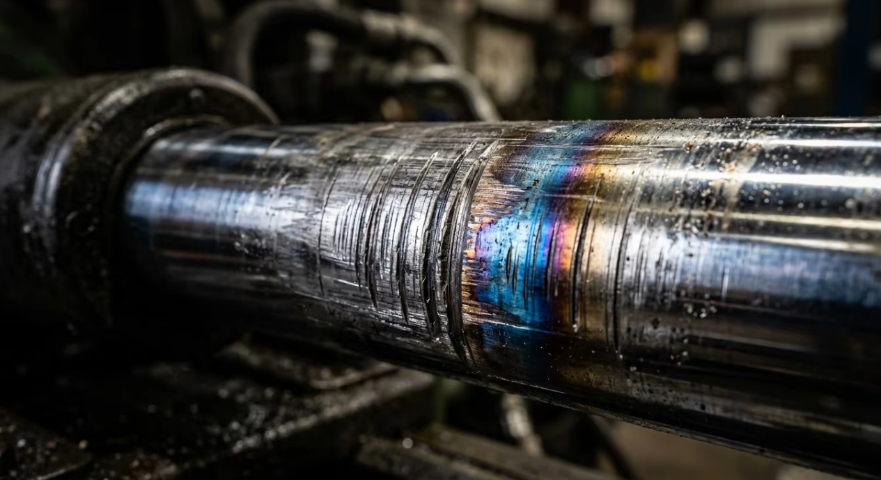 Macro photography of hydraulic rod scoring and thermal staining damage