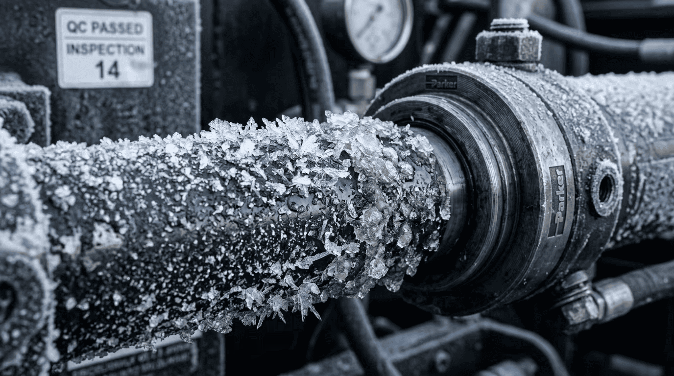 Salt-resistant nitrided hydraulic rod covered in ice and road salt spray